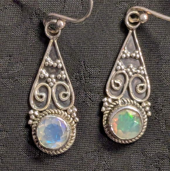 Artisan Genuine Natural Opal Earrings Solid 925 Sterling Silver Earrings - Picture 7 of 17